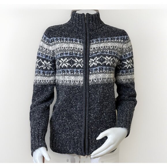One on One Fair Isle Sweater Jacket Womens Medium Gray Blue Fleck Zip Cardigan - Picture 1 of 9